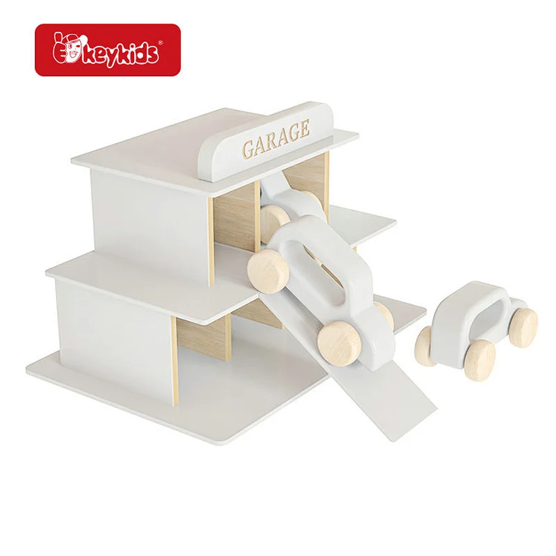 New design white wooden parking garage toy set with cars for kids ages 3 and up W04B124