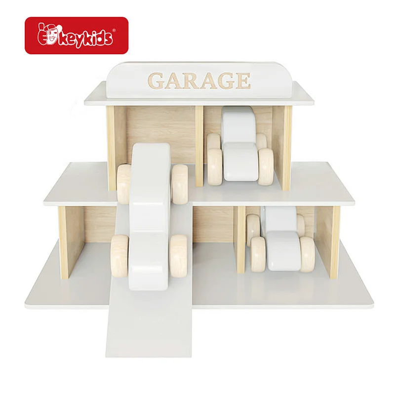 New design white wooden parking garage toy set with cars for kids ages 3 and up W04B124