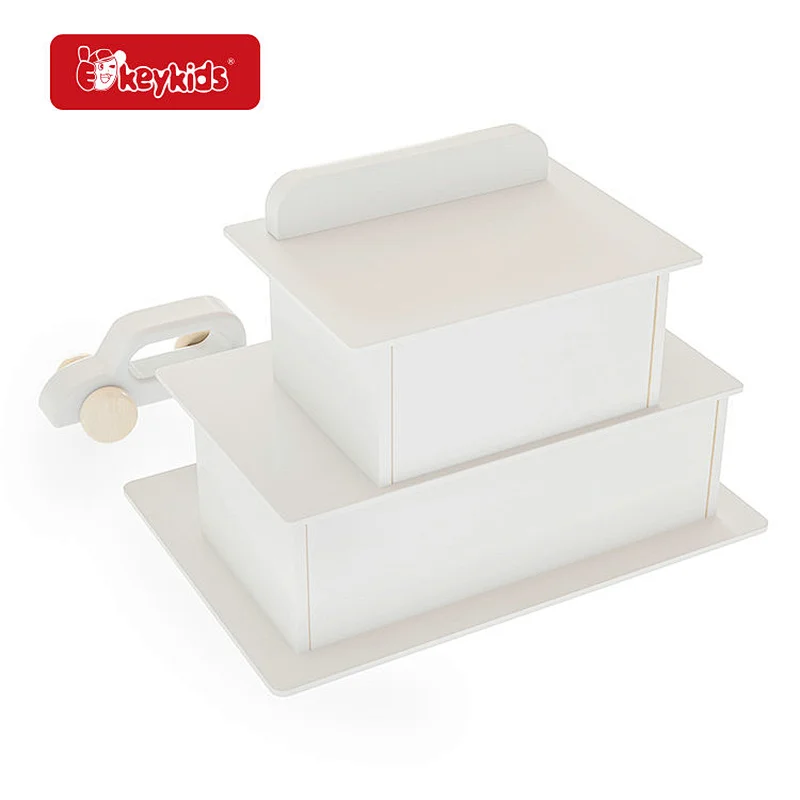 New design white wooden parking garage toy set with cars for kids ages 3 and up W04B124