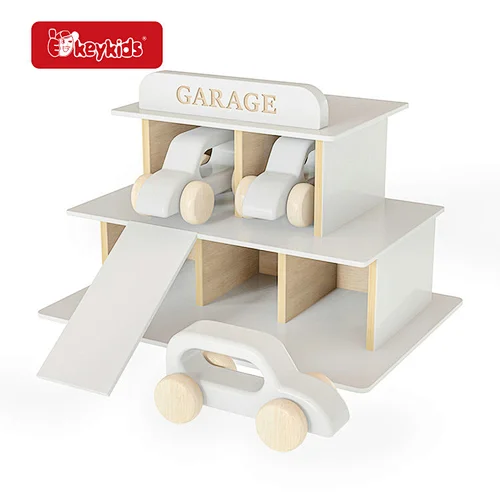 New design white wooden parking garage toy set with cars for kids ages 3 and up W04B124